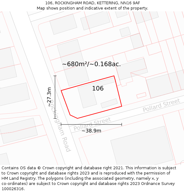 106, ROCKINGHAM ROAD, KETTERING, NN16 9AF: Plot and title map