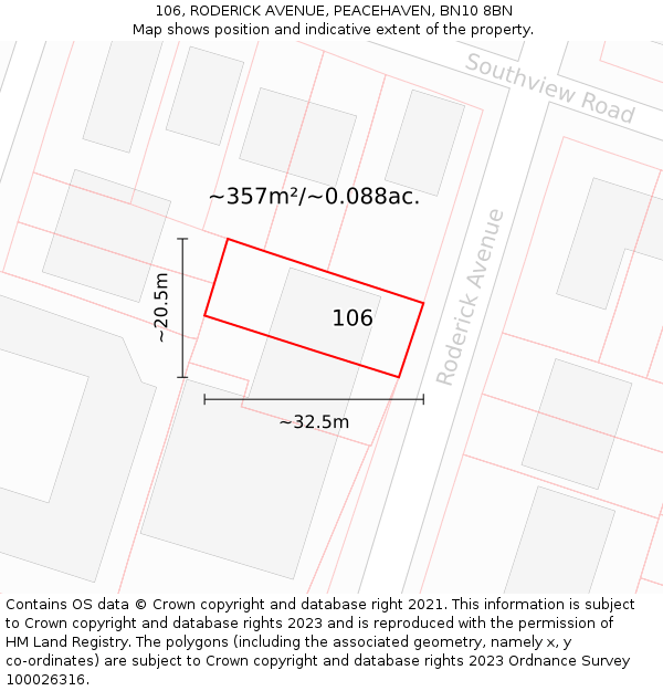 106, RODERICK AVENUE, PEACEHAVEN, BN10 8BN: Plot and title map