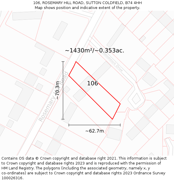 106, ROSEMARY HILL ROAD, SUTTON COLDFIELD, B74 4HH: Plot and title map