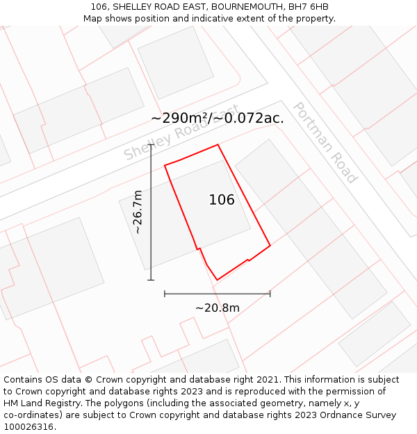 106, SHELLEY ROAD EAST, BOURNEMOUTH, BH7 6HB: Plot and title map