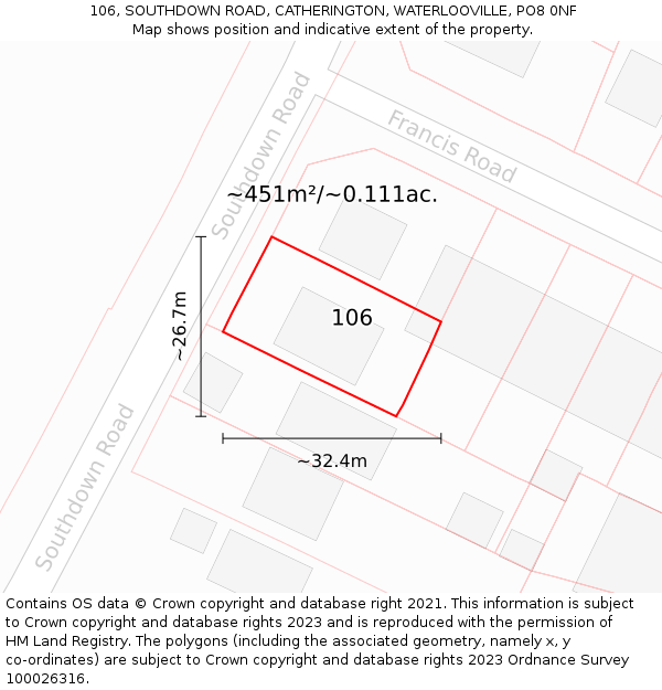 106, SOUTHDOWN ROAD, CATHERINGTON, WATERLOOVILLE, PO8 0NF: Plot and title map