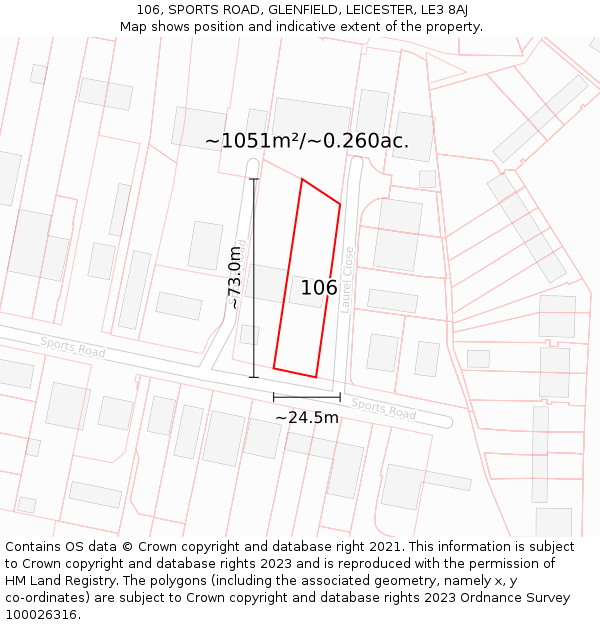 106, SPORTS ROAD, GLENFIELD, LEICESTER, LE3 8AJ: Plot and title map