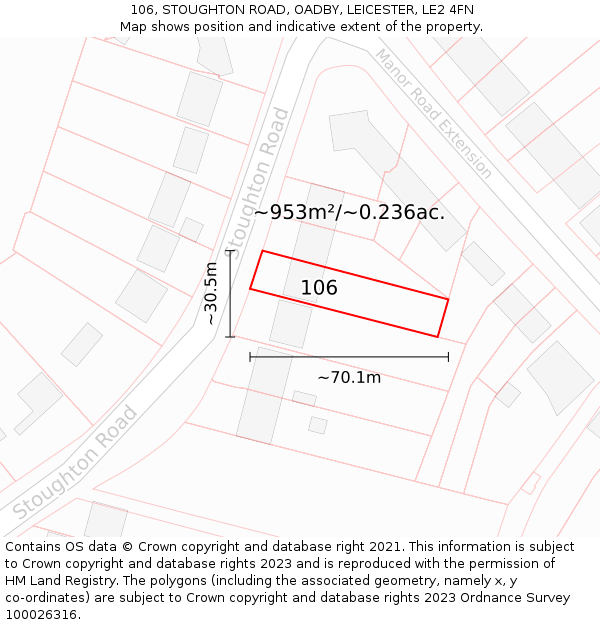 106, STOUGHTON ROAD, OADBY, LEICESTER, LE2 4FN: Plot and title map