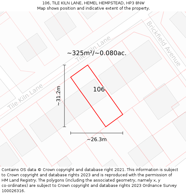 106, TILE KILN LANE, HEMEL HEMPSTEAD, HP3 8NW: Plot and title map