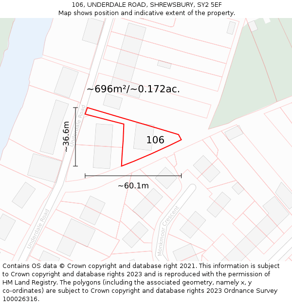 106, UNDERDALE ROAD, SHREWSBURY, SY2 5EF: Plot and title map