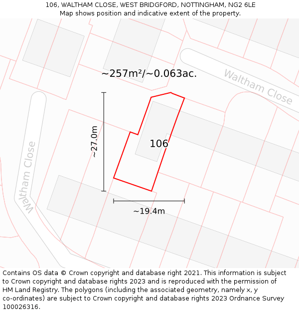 106, WALTHAM CLOSE, WEST BRIDGFORD, NOTTINGHAM, NG2 6LE: Plot and title map