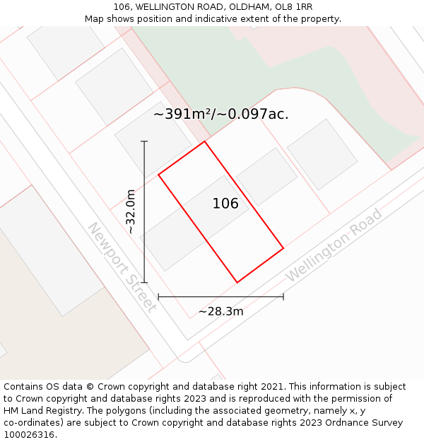 106, WELLINGTON ROAD, OLDHAM, OL8 1RR: Plot and title map