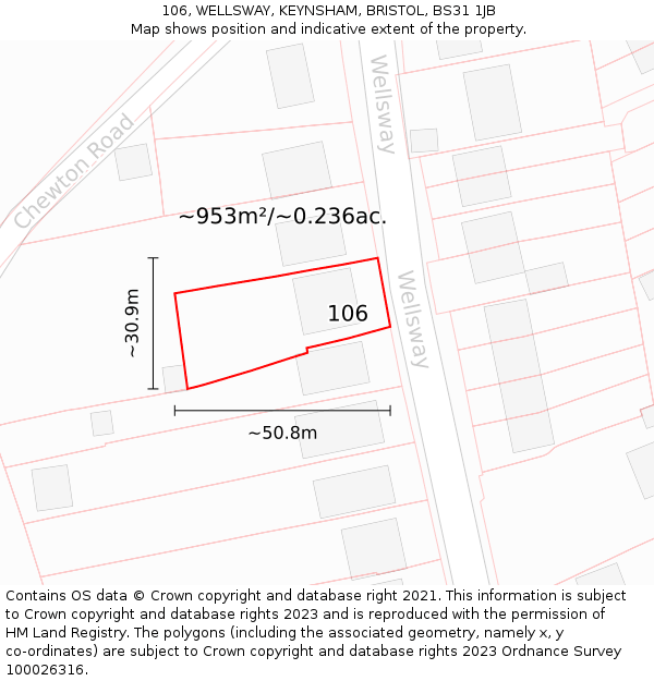 106, WELLSWAY, KEYNSHAM, BRISTOL, BS31 1JB: Plot and title map