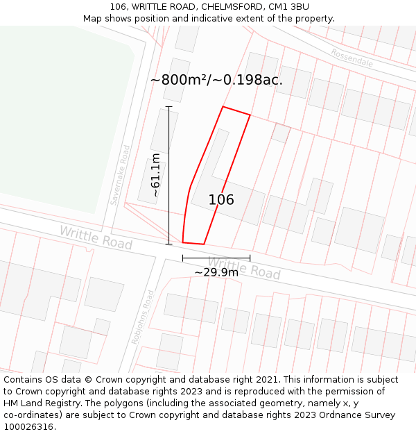 106, WRITTLE ROAD, CHELMSFORD, CM1 3BU: Plot and title map