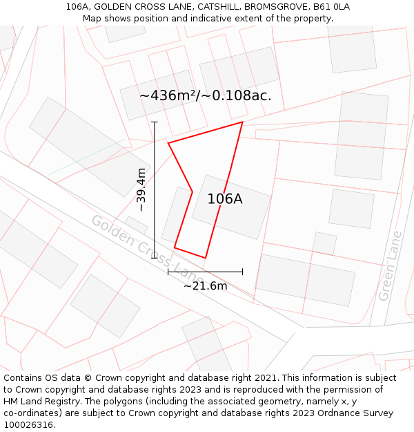 106A, GOLDEN CROSS LANE, CATSHILL, BROMSGROVE, B61 0LA: Plot and title map