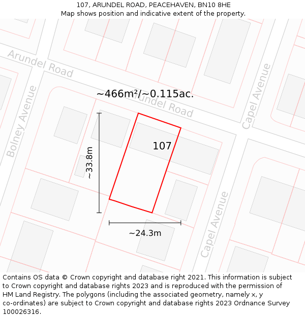 107, ARUNDEL ROAD, PEACEHAVEN, BN10 8HE: Plot and title map