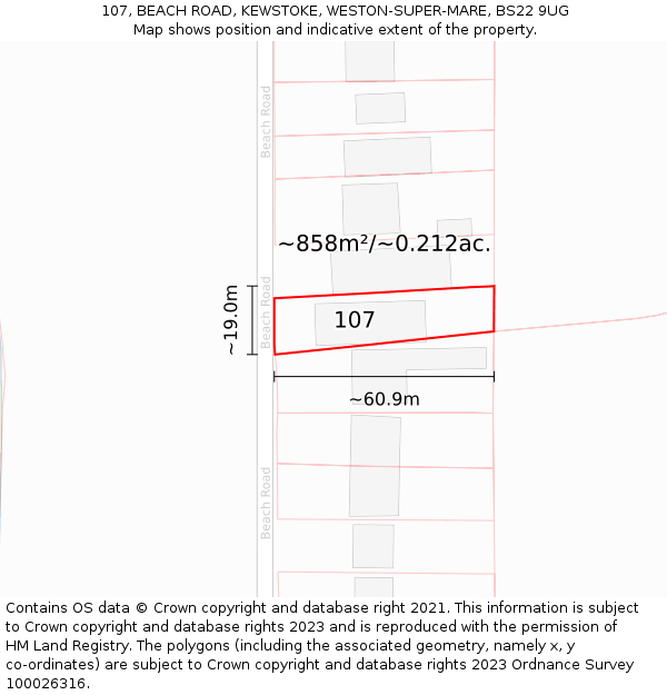 107, BEACH ROAD, KEWSTOKE, WESTON-SUPER-MARE, BS22 9UG: Plot and title map