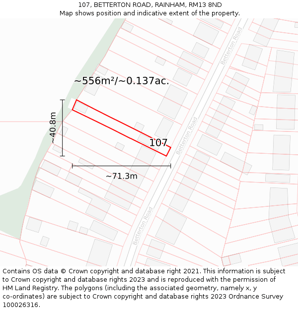 107, BETTERTON ROAD, RAINHAM, RM13 8ND: Plot and title map