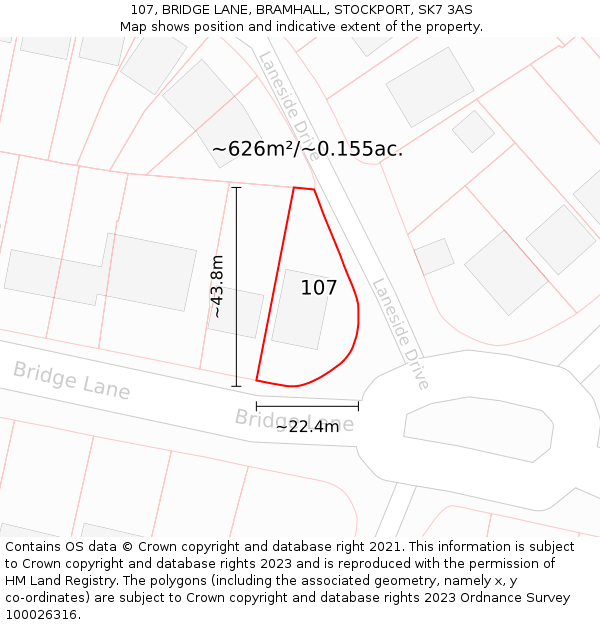 107, BRIDGE LANE, BRAMHALL, STOCKPORT, SK7 3AS: Plot and title map