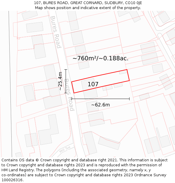 107, BURES ROAD, GREAT CORNARD, SUDBURY, CO10 0JE: Plot and title map