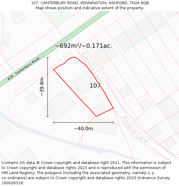 107, CANTERBURY ROAD, KENNINGTON, ASHFORD, TN24 9QB: Plot and title map