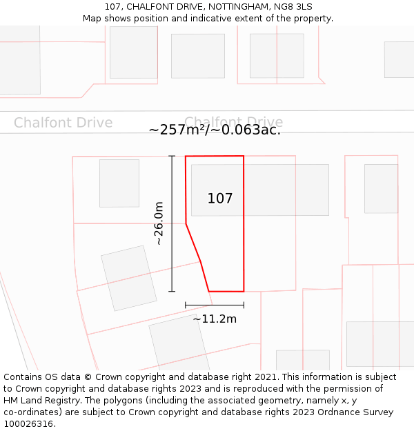 107, CHALFONT DRIVE, NOTTINGHAM, NG8 3LS: Plot and title map