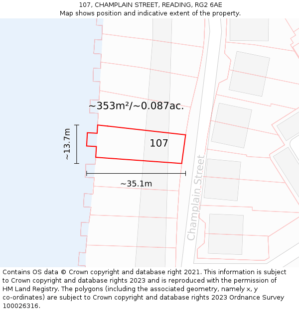 107, CHAMPLAIN STREET, READING, RG2 6AE: Plot and title map