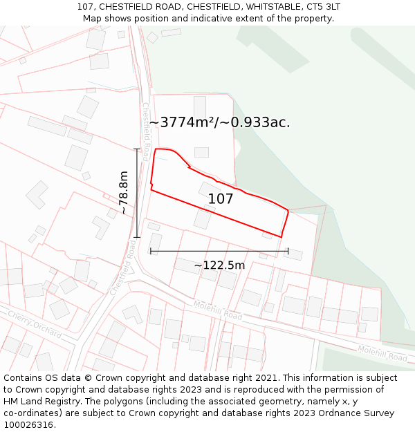 107, CHESTFIELD ROAD, CHESTFIELD, WHITSTABLE, CT5 3LT: Plot and title map