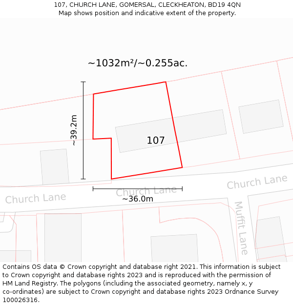 107, CHURCH LANE, GOMERSAL, CLECKHEATON, BD19 4QN: Plot and title map