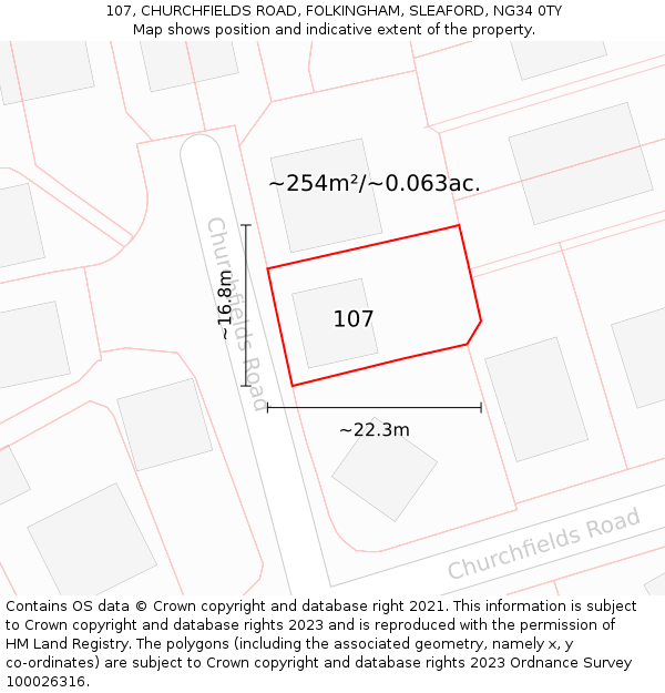 107, CHURCHFIELDS ROAD, FOLKINGHAM, SLEAFORD, NG34 0TY: Plot and title map