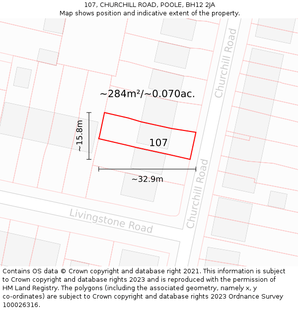 107, CHURCHILL ROAD, POOLE, BH12 2JA: Plot and title map