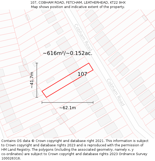 107, COBHAM ROAD, FETCHAM, LEATHERHEAD, KT22 9HX: Plot and title map