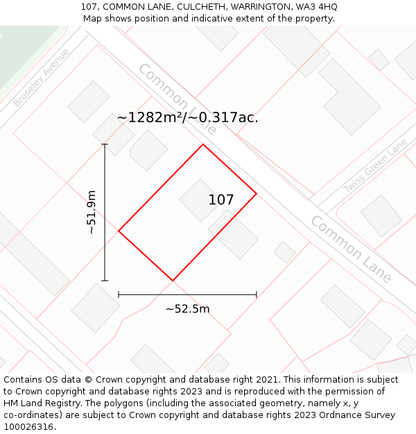 107, COMMON LANE, CULCHETH, WARRINGTON, WA3 4HQ: Plot and title map