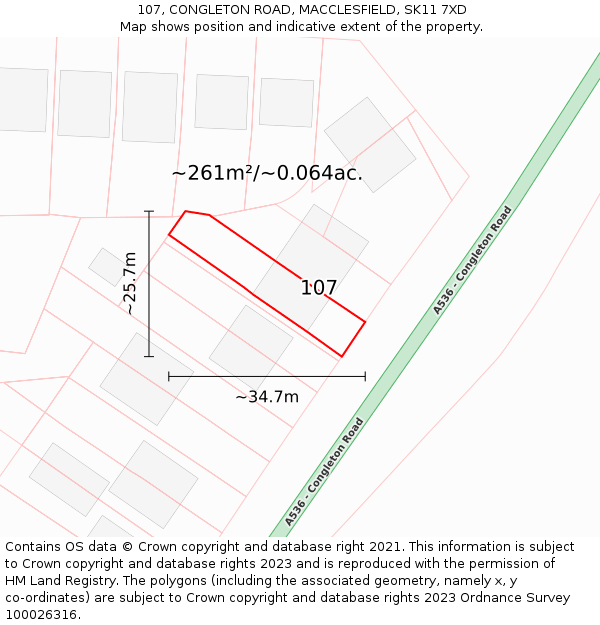 107, CONGLETON ROAD, MACCLESFIELD, SK11 7XD: Plot and title map