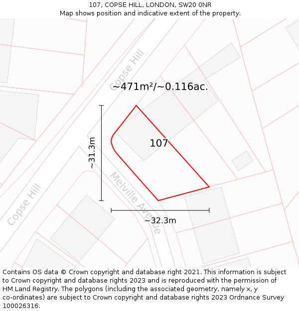 107, COPSE HILL, LONDON, SW20 0NR: Plot and title map