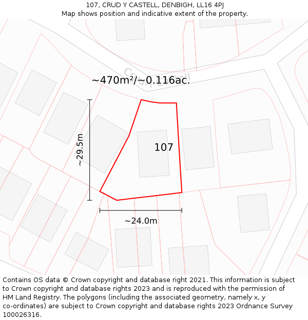 107, CRUD Y CASTELL, DENBIGH, LL16 4PJ: Plot and title map