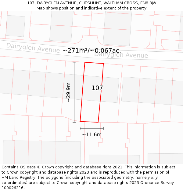 107, DAIRYGLEN AVENUE, CHESHUNT, WALTHAM CROSS, EN8 8JW: Plot and title map