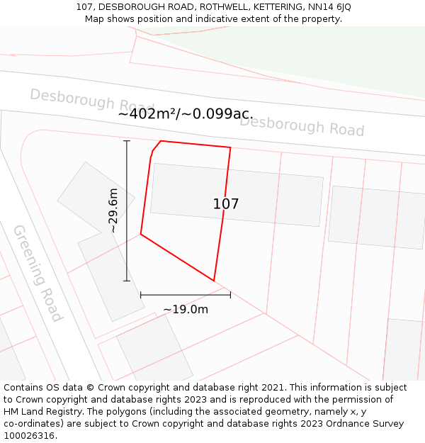 107, DESBOROUGH ROAD, ROTHWELL, KETTERING, NN14 6JQ: Plot and title map