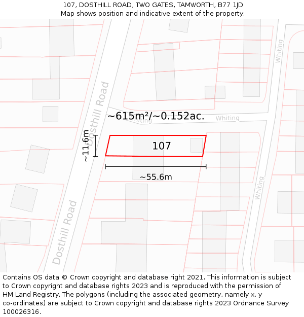 107, DOSTHILL ROAD, TWO GATES, TAMWORTH, B77 1JD: Plot and title map