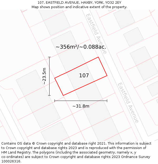 107, EASTFIELD AVENUE, HAXBY, YORK, YO32 2EY: Plot and title map