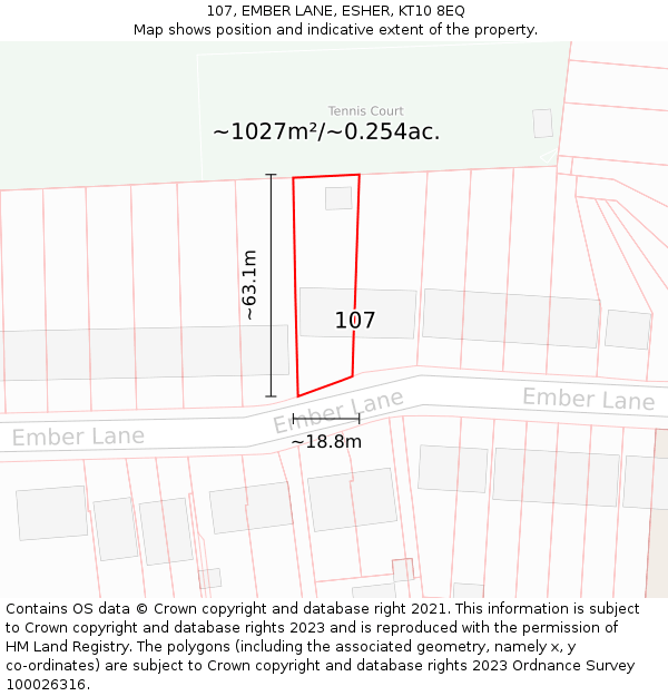 107, EMBER LANE, ESHER, KT10 8EQ: Plot and title map