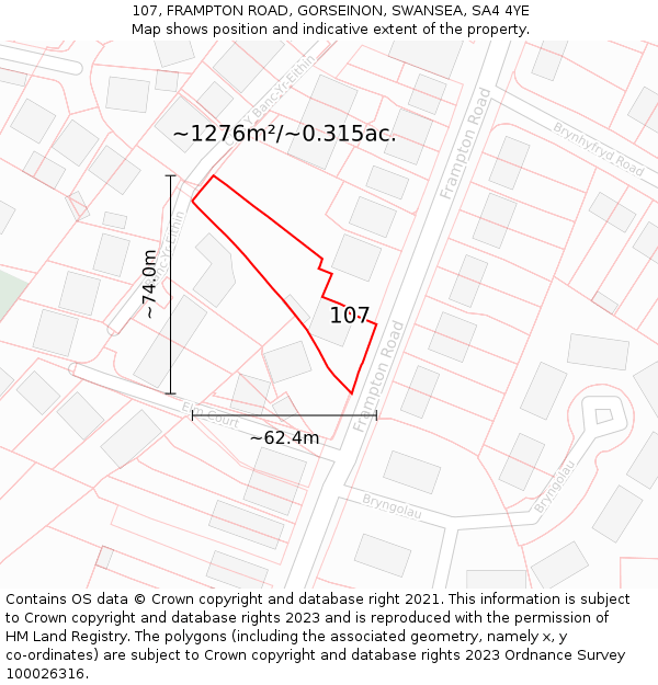 107, FRAMPTON ROAD, GORSEINON, SWANSEA, SA4 4YE: Plot and title map