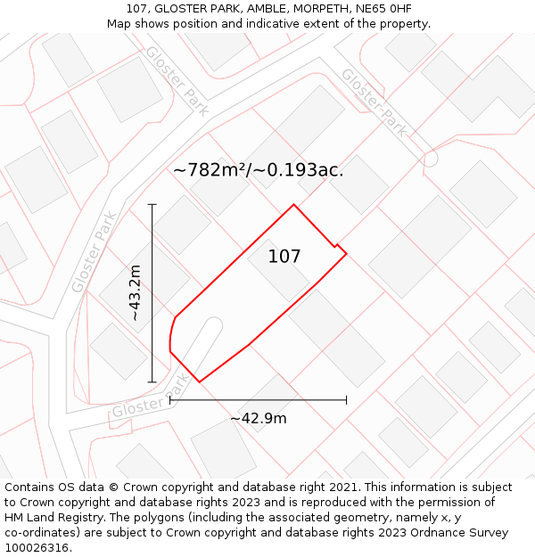 107, GLOSTER PARK, AMBLE, MORPETH, NE65 0HF: Plot and title map