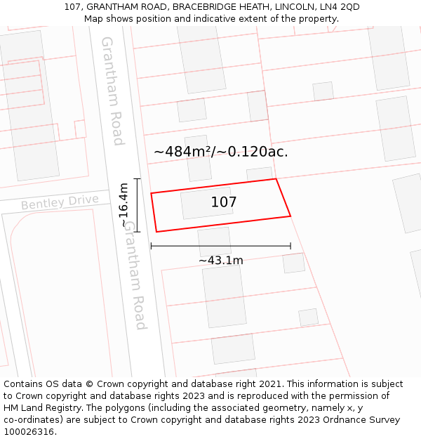 107, GRANTHAM ROAD, BRACEBRIDGE HEATH, LINCOLN, LN4 2QD: Plot and title map