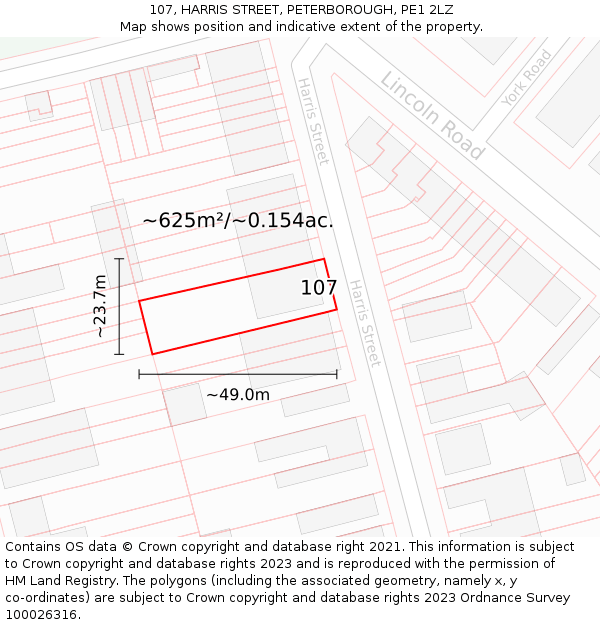 107, HARRIS STREET, PETERBOROUGH, PE1 2LZ: Plot and title map