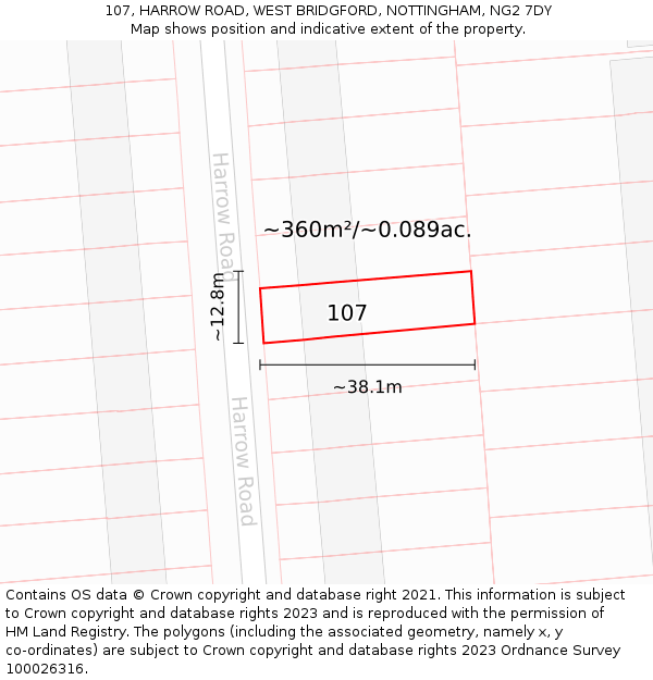 107, HARROW ROAD, WEST BRIDGFORD, NOTTINGHAM, NG2 7DY: Plot and title map