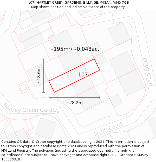 107, HARTLEY GREEN GARDENS, BILLINGE, WIGAN, WN5 7GB: Plot and title map