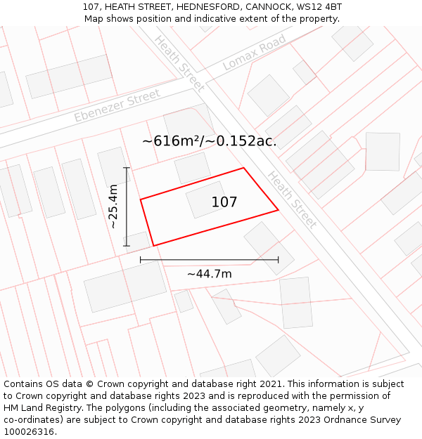 107, HEATH STREET, HEDNESFORD, CANNOCK, WS12 4BT: Plot and title map