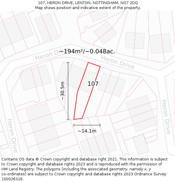 107, HERON DRIVE, LENTON, NOTTINGHAM, NG7 2DG: Plot and title map