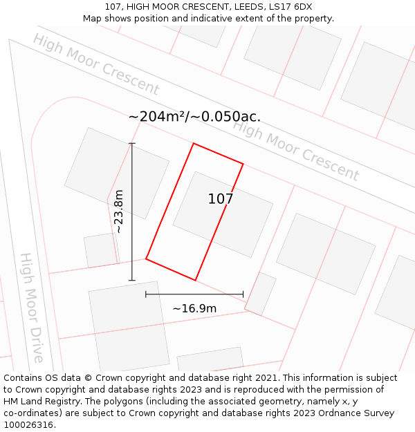 107, HIGH MOOR CRESCENT, LEEDS, LS17 6DX: Plot and title map