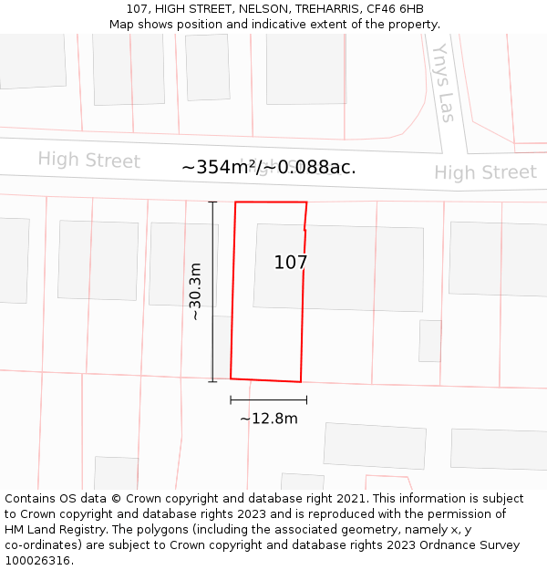 107, HIGH STREET, NELSON, TREHARRIS, CF46 6HB: Plot and title map