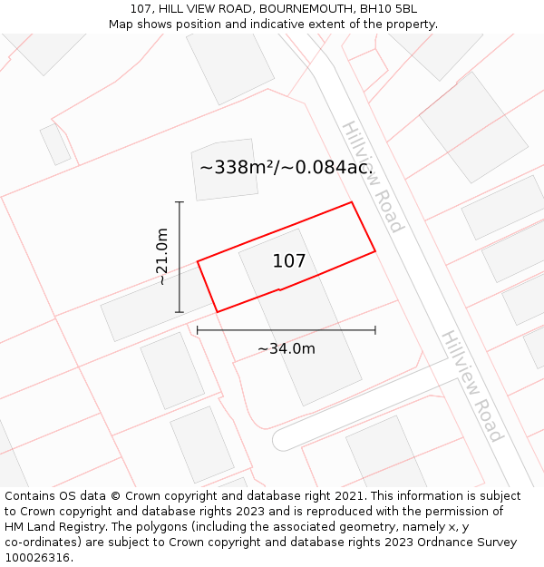 107, HILL VIEW ROAD, BOURNEMOUTH, BH10 5BL: Plot and title map