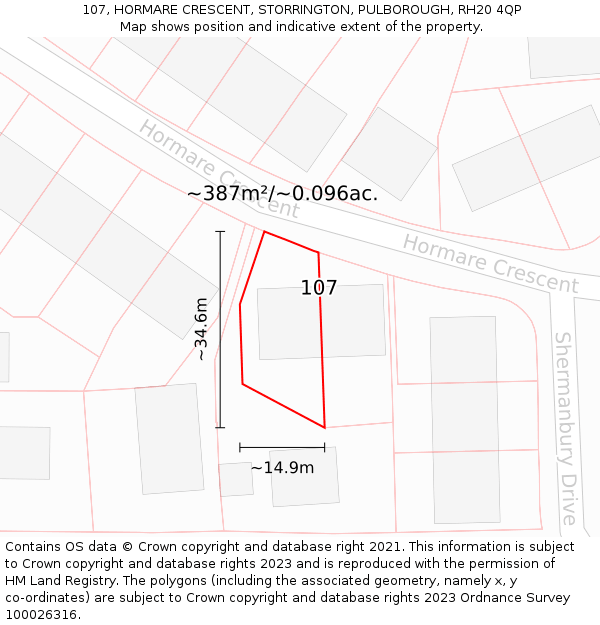 107, HORMARE CRESCENT, STORRINGTON, PULBOROUGH, RH20 4QP: Plot and title map