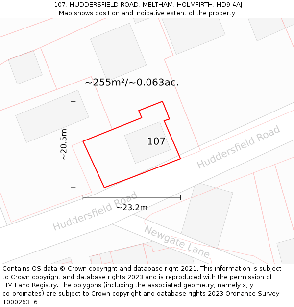 107, HUDDERSFIELD ROAD, MELTHAM, HOLMFIRTH, HD9 4AJ: Plot and title map