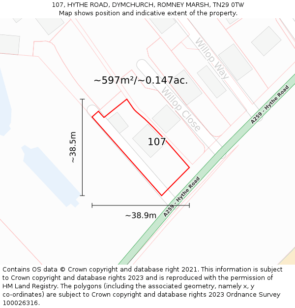 107, HYTHE ROAD, DYMCHURCH, ROMNEY MARSH, TN29 0TW: Plot and title map